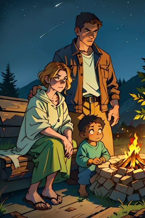 A husband, wife and a child sitting round a small camp fire, homeless, wearing worn out clothes, frowning, background is autumn dead trees, railroad tracks, mood is sad, degrading poverty, night time light, character design.