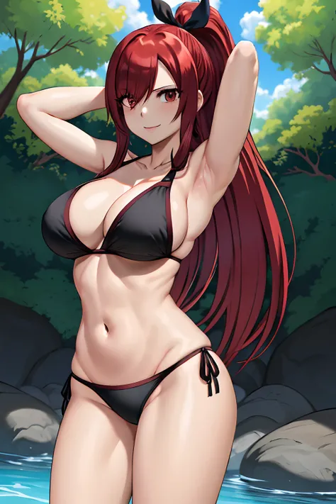 masterpiece, best quality, highres, fairy tail, 1girl, long hair, red hair, ponytail, black ribbon, (bang cover one eye, one hidden eye, brown eye), large breasts, collarbone, midriff, black bikini, standing, , outdoors, smile, open mouth, emo hair, slight...