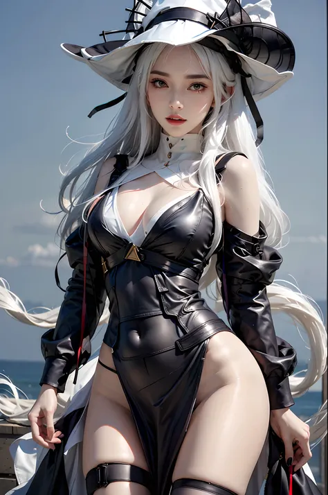 photorealistic, high resolution, 1 girl, white hair, hips up, specter, hat, black dress