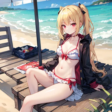 poneyTail、a blond、red eyes、Beautiful girl alone、Bikini with ruffles、gravure、sitting on、the beach