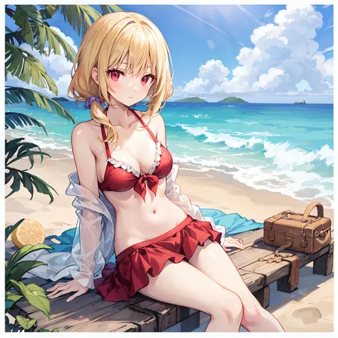 poneyTail、a blond、red eyes、Beautiful girl alone、Bikini with ruffles、gravure、sitting on、the beach