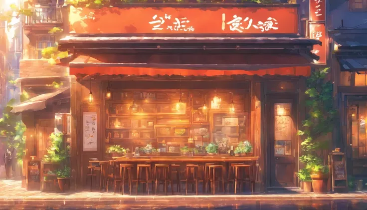 buliding，Cafe on the street，中景 the scene is，frontage