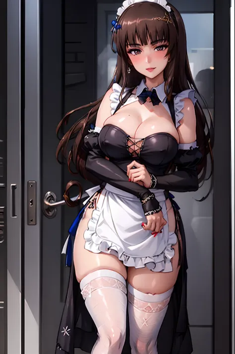 masterpiece, best quality,  high resolution, all intricate, (nishizumi shiho), 1girl, solo, smile, bangs, large breasts, cleavage, whore outfit, makeup, blushing, fat lips, lipstick, curvy body, maid headdress, maid, frills, detached collar, puffy short sl...