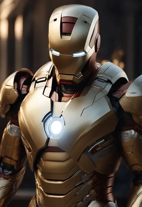 full body shot of iron man  in white and gold armour style suit, no mask on, white cape, looking at center camera, perfect composition, beautiful detailed intricate insanely detailed octane render trending on artstation, 8 k artistic photography, photoreal...