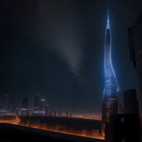 masutepiece, Super Detail, High quality, awardwinning, 8K, Photorealistic, Future Landmark Tower, Lit up, In the metropolis of the future, Port cities, From below, Futuristic, Using curves, At night