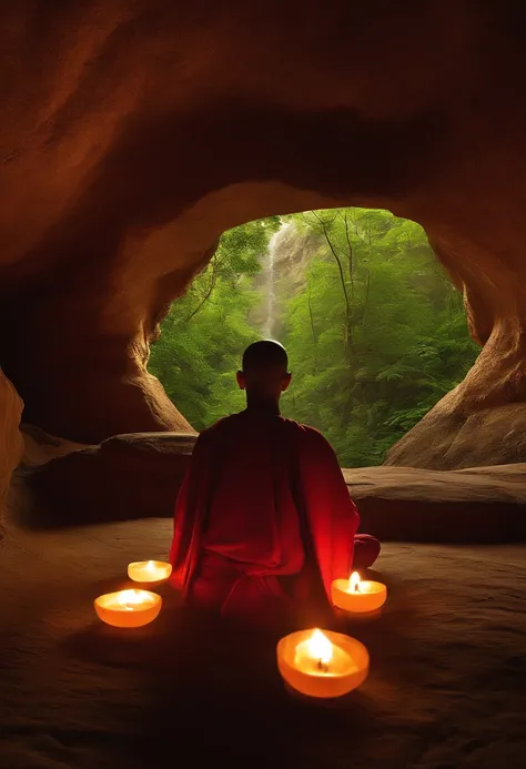 Man sitting in a cave with a candle lit, hindu stages of meditation, monk meditate, A meditative, Mystical temple, praying meditating, buddhist monk meditating, glowing temple in distance, floating in a powerful zen state, buddhism, A meditative, budista, ...