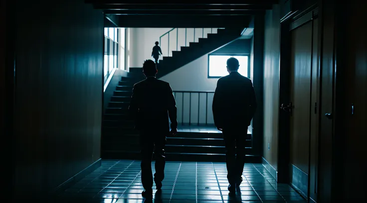 two guys，Walk in the dark stairwell