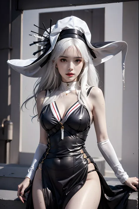 photorealistic, high resolution, 1 girl, white hair, hips up, specter, hat, black dress