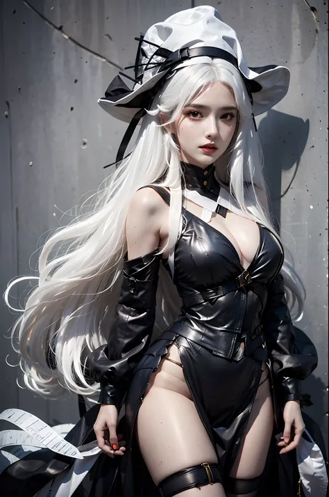 photorealistic, high resolution, 1 girl, white hair, hips up, specter, hat, black dress