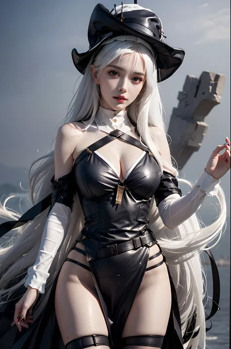 photorealistic, high resolution, 1 girl, white hair, hips up, specter, hat, black dress