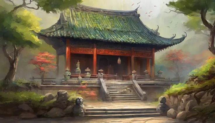 In a quaint Han Dynasty-style temple，There are numerous buildings，The courtyard is covered with moss，There are many ancient trees outside the temple，Fallen leaves on the stairs，There was a light rain in the sky，no sun