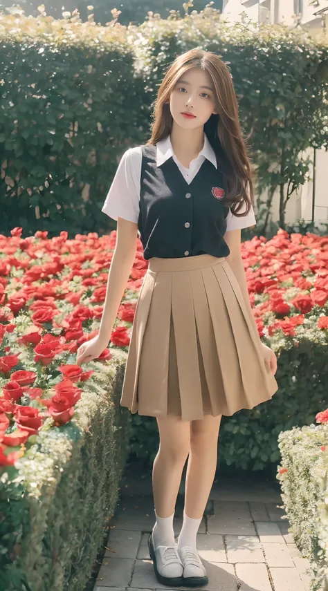 ((best qualtiy, 8K, Masterpiece Masterpiece: 1.3)),1girl，（full bodyesbian：1.5），Perfect figure，cute beautiful, Slim，very pretty girl， ((Brown hair black)) , (pleatedskirt，white short sleeve shirt，Womens school shoes，school uniform，Full chest，Golden ratio fi...