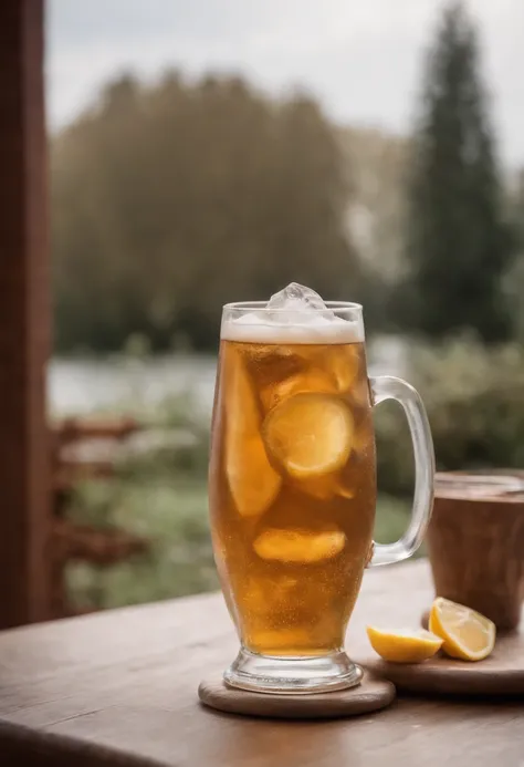 There is a glass with a handle on the table, with clear glass, glassware, Clear glass, iced tea glass, E-commerce main image，https://gw.alicdn.com/imgextra/i3/2214552209037/O1CN01TdJUxa2Gd01gUcgak_!!2214552209037-0-scmitem176000.jpg_Q75.jpg_.webp