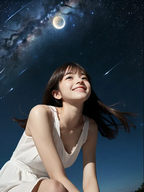 (One girl with slender small breasts and long hair with dull bangs in a white dress1.5)、(One girl looking up the sky with small smile :1.3)、(Low angle shot :1.5)、(Beautiful stary night:1.5)、(Perfect Anatomy:1.3)、(No mask:1.3)、(complete fingers:1.3)、Photore...