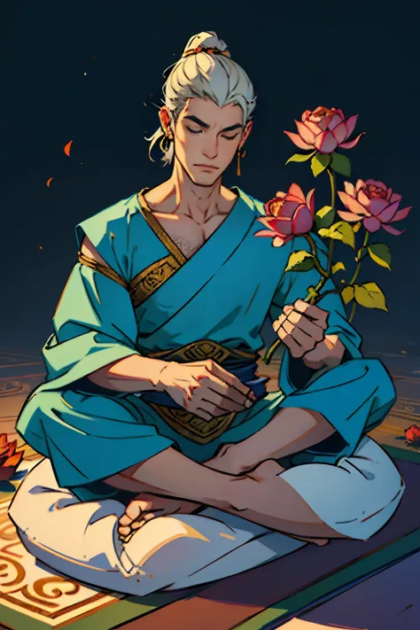 A calm and serene spiritual man, meditating on a floating carpet, in lotus pose, with roses on the ground, background is a single mountain peak, mood is solace, aplomb, comfort, daytime light, character design.