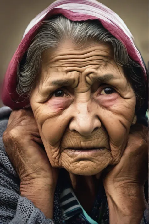 "An image that captures the expression of sadness and discouragement on the face of an elderly woman. Convey the feeling that she carries the weight of many difficult life experiences, showing the depth of your emotions."