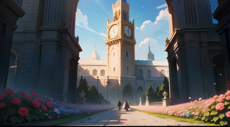 the clock tower，The walls of the royal palace are covered with flowers，Surrounded by roses，Western fantasy，Fairytales，Works of masters，A high resolution