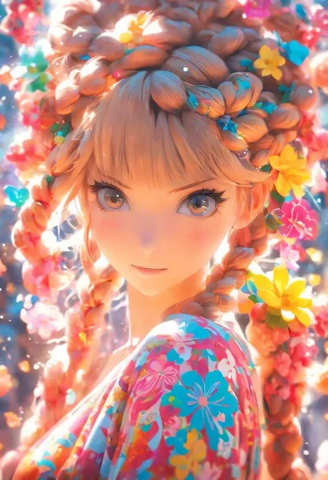 Genki girl，vivaciousness，adolable，Floral dress，Twist braids，