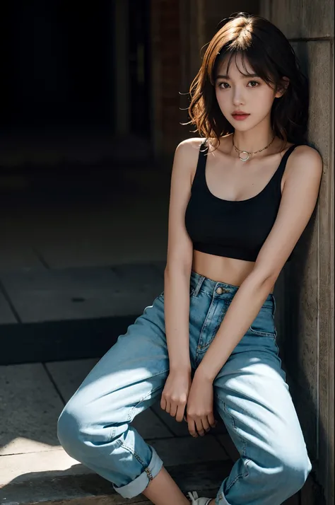 full body，（Bigboobs、Tomboyish、small heads）），（Clear abs：1.1），（perfect bodies：1.1），（short and wavy hair：1.2），Russet hair，Collar，chain，Full body photo，crowding street，wearing a black tank top，jean jacket，（shorter pants）），（Extremely detailed CG 8k wallpaper），（...