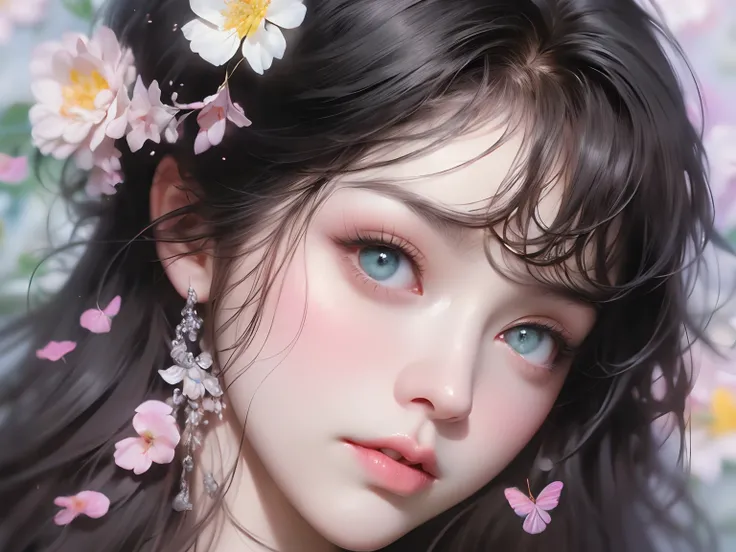 Ladies and bouquets，Portrait close-up，Surrounded by flowers，She looked at me with very beautiful and kind eyes.Detailed Schneider pastel ink, soft and fantastic, Fluffy, (Extremely beautiful facial features), (perfect  detail)、(Pastel color),Soft texture:1...