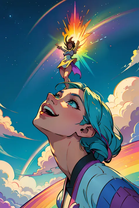 A happy woman, having a psychedelic hallucination, looking up to the sky and laughing, background is clouds and rainbow colors, mood is delight, imagination, dreamy, daytime light, character design.