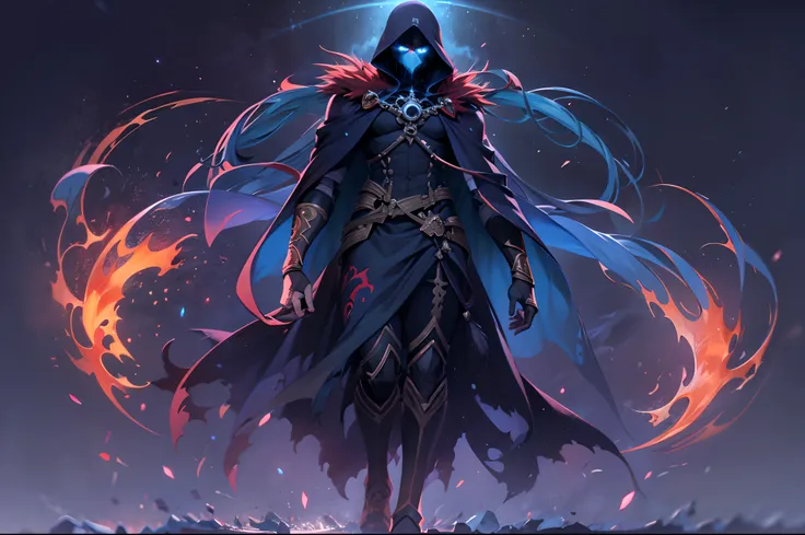 Thanatos ,The god of death walks through,(male), (with blue ghost fire around), red eyes, wearing black cloak, in the dark, death area, glassy eyes, purple fire ,dark element, anime, high detail, chiaroscuro, depth of field, cinematic lighting, sparkle, ra...