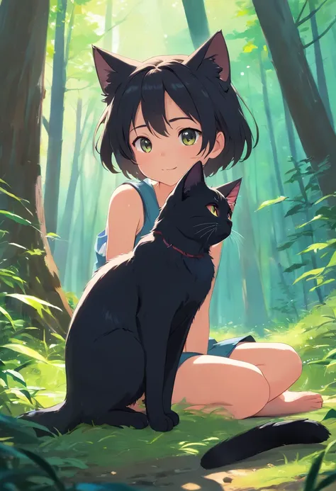 A black kitten, Lick your paws sitting in the forest with super clarity and super resolution