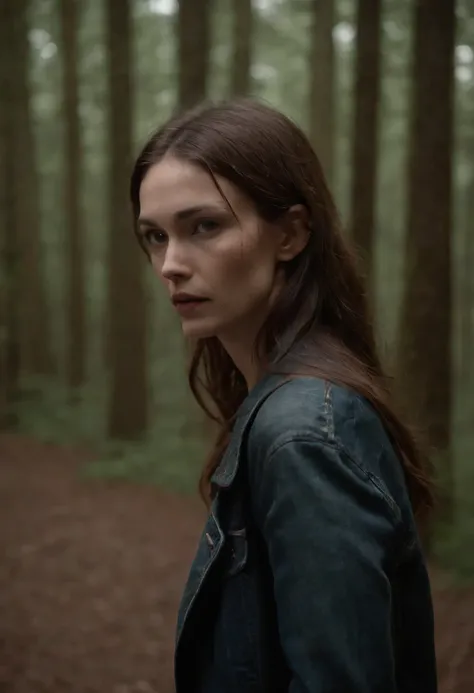 (A night in a dark forest:1.5). une femme. Wet jeans, veste en cuir, (emaciated face:1.4), (dehydrated face:1.5), Cheveux noir, vu de profil, portrait, distance moyenne, 10 metres de la camera, ambiance sombre, brume, humide