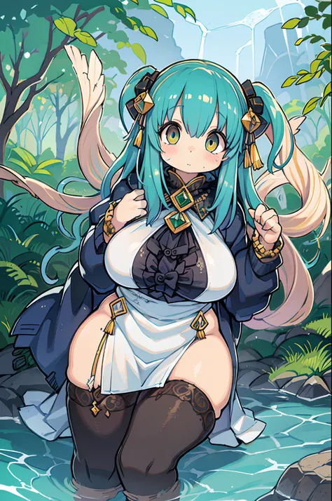 The costume, Long hair, girl, Big eyes, Green mountains and green water,