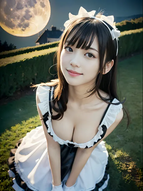 (One girl with slender small breasts and long hair with dull bangs in a French maid costume:1.5)、(One girl looking up the sky with small smile :1.3)、(Low angle shot :1.5)、(Beautiful full moon:1.5)、(Perfect Anatomy:1.3)、(No mask:1.3)、(complete fingers:1.3)、...