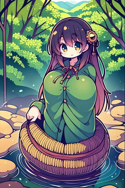 The costume, Long hair, girl, Big eyes, Green mountains and green water,