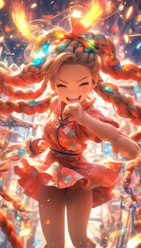 Genki girl，Twist braids，vivaciousness，adolable，Floral dress，Small leather boots，big laughter，Full body like，dances，The face is meticulously depicted，