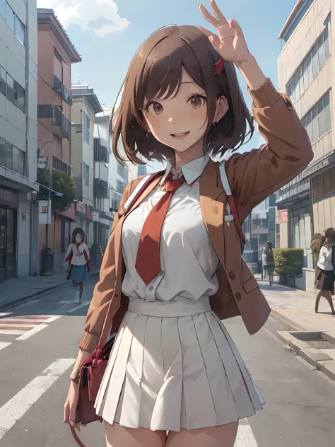 (masutepiece,Best Quality, Detailed), 1girl in, Solo Focus, Outdoors, Street, , day, Smile, Open mouth, Waving, Arm up,
sakurajima mai, Brown jacket, red necktie, White shirt, Blue skirt, Sweater Vest, hair clips, lowfers