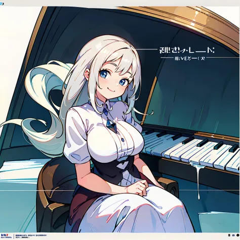 (Best quality, Masterpiece:1.2), A high resolution, 8K, A girl with white hair plays the piano in an empty square, 2D artwork,cute big breasts, Smiling, The girl who glanced sideways, Game concept art, Sunshine pours in，Full view