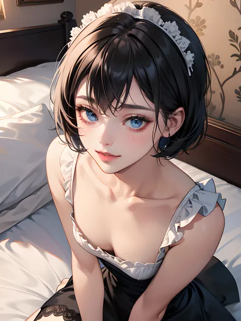 mature woman, small breasts, black short hair with fringe, maid headdress, short maid outfit, blue eyes, coral lips color, shy smile, shy, blush, naughty face, laying on bed, Surrealism, anime style, depth of field, 8k, super detail, high details, Cinemati...