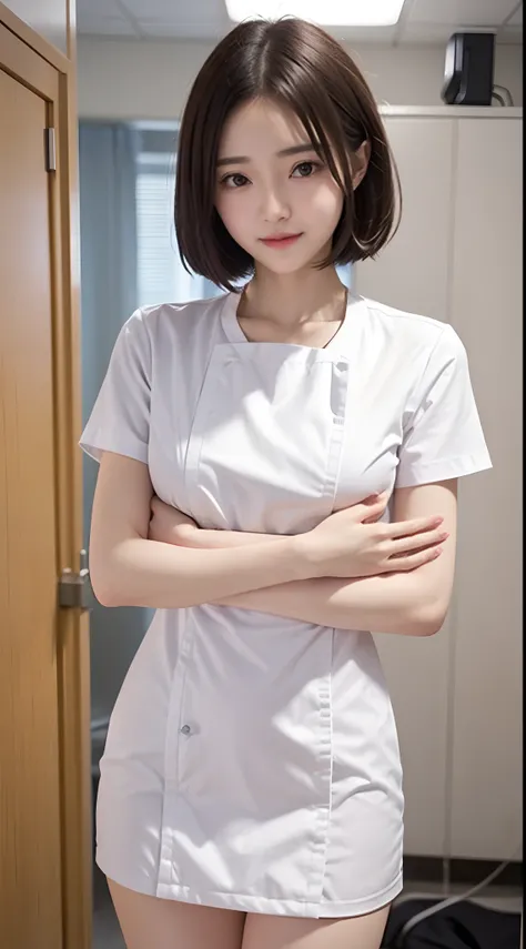 A woman in a nurses uniform、1womanl、white colors、hospitals、Staring at the patient、a miniskirt、short-hair、tiny chest、Full Body Pose、(pureerosface_v1:0.8)、a small face、ssmile、A sexy