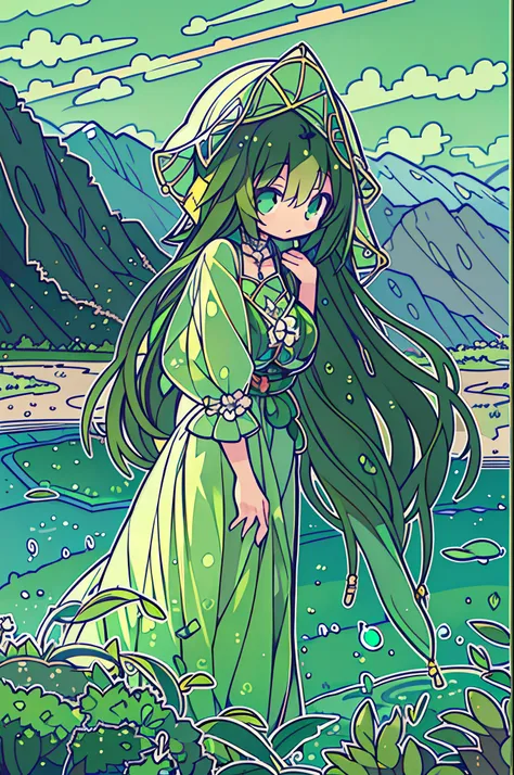 The costume, Long hair, girl, Big eyes, Green mountains and green water,