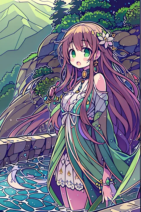 The costume, Long hair, girl, Big eyes, Green mountains and green water,