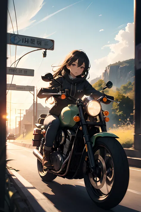 (Motion Effect:1.5)、（Motion Blur:1.4）、parchment、absurderes、ultra res、ultra-detailliert、（bokeh dof:1.8）、accurate depiction、Beautiful depiction、Overhead view、beautiful a girl、thin-waist、The roar of a motorcycle engine、
A moment to challenge the winding road。...