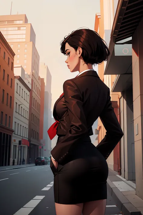 backside view, woman, short black hair, wearing a brown office jacket, white shirt, red tie, brown office skirt, checking pockets, street background,