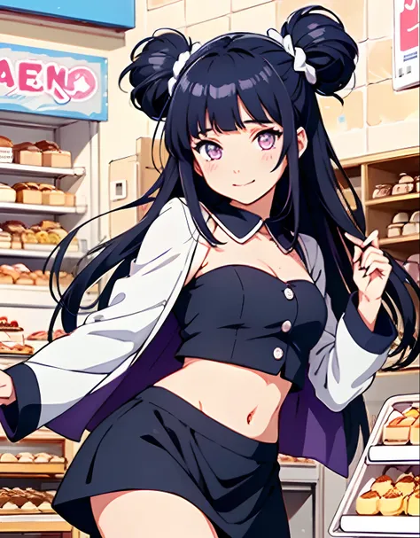 azhiichigo style，big eyes, thick lines, cute, 1girl, patisserie, baking goods, slim pink and white skirt, tube top with coat, purple eyes and dark blue hair in a bun, happy, floating, kawaii, cute, sparkles, magic bakery, Blunt Bangs