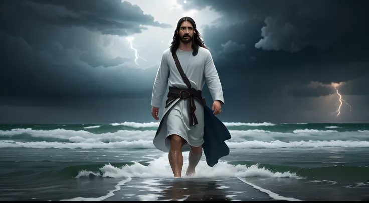 jesus walking on water in a storm, masterpiece, best quality, high quality, extremely detailed cg unit 8k wallpaper, award winni...