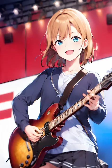 (girls band:1.4), (dynamic angle), upper body, black guitar, amplifier, speaker, live stage, smile, Live festival, school, Shining Lighting