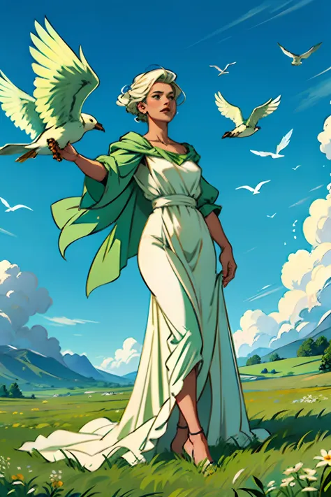 A woman, in an open field, wearing a diaphanous gown, being lifted up to heaven, background is green grassy field, with two white birds flying away, mood is emancipation, liberation, jubilation, daytime light, character design.