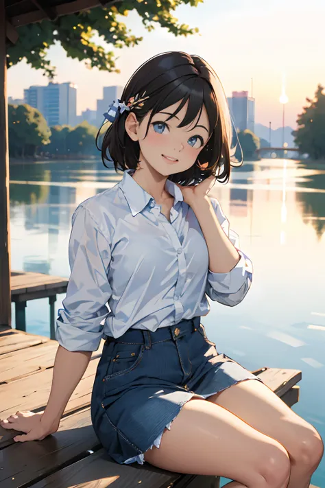 (highest quality, hight resolution, masterpiece:1.3)
dusk, sunset, A girl, white shirt, White sneakers, denim skirt, realisitic, ultra-detailliert, Slimed,
BREAK
Sitting on the riverbank, with her cheeks in her hands, upper body, face focus, Look at viewer...