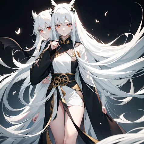 Black and white winged angel，Long pale yellow hair to the waist，Long flowing hair，Dark red eyes，long sword。The eyes are deep and bright，Its like two stars，Reveal firmness and wisdom，She wore a black and white robe，The sleeves are slightly fluttering in the...