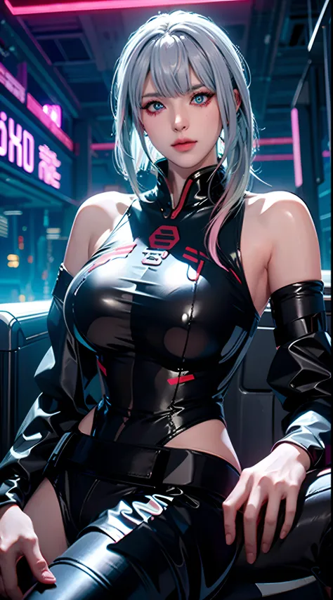 Cyberworld，lucy_Cyberpunk,Guanyin，((Masterpiece)),A high resolution, ((Best quality))，tmasterpiece，top-quality，best qualityer，（（（ looking at viewert, There is light in the eyes））），（（（Light and shadow interlace，white skinned，huge boob，Raised ，laughingly，sel...