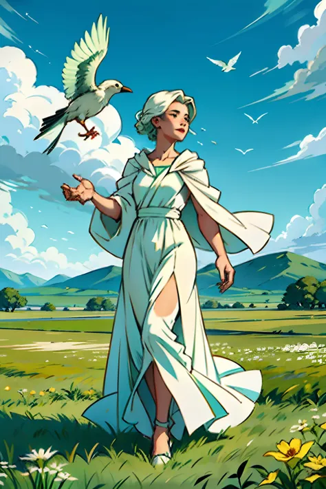 A woman, in an open field, wearing a white diaphanous gown, being lifted up to heaven, background is green grassy field, with two white birds flying away, mood is emancipation, liberation, jubilation, daytime light, character design.