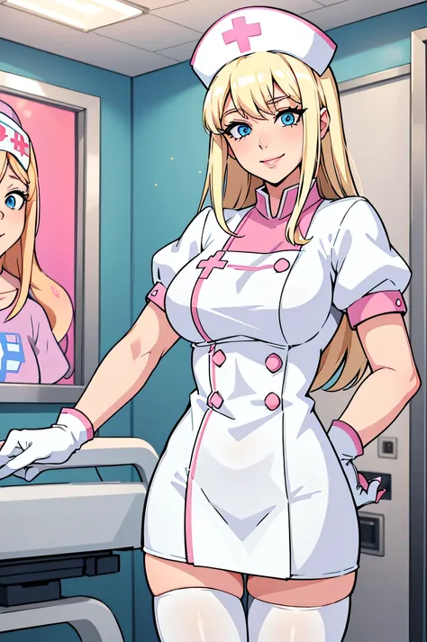 1woman, nurse, nurse cap, white wear, ((white legwear, zettai ryouiki)), white gloves, blonde hair, blue eyes, pink lips, smile,...