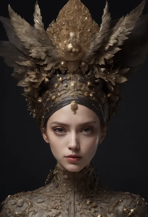 high fashion model influenced by Giuseppe Arcimboldo, her eyes and face fixed on the camera lens, short image, symmetrical eyes, ultra hd, realistic, vivid colors, highly detailed, UHD drawing, pen and ink, perfect composition, beautiful detailed intricate...